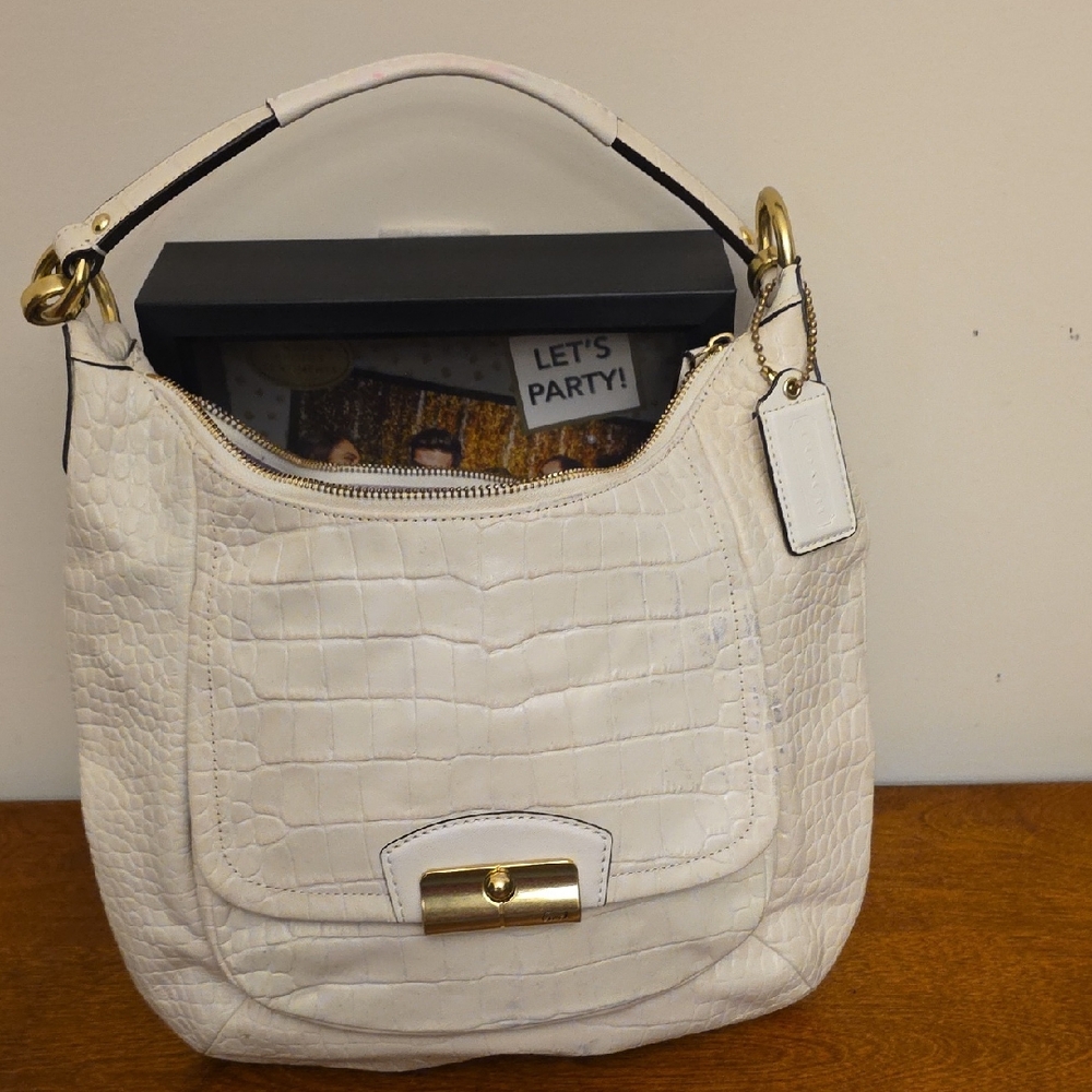 Coach White Croc-Embossed Shoulder Bag